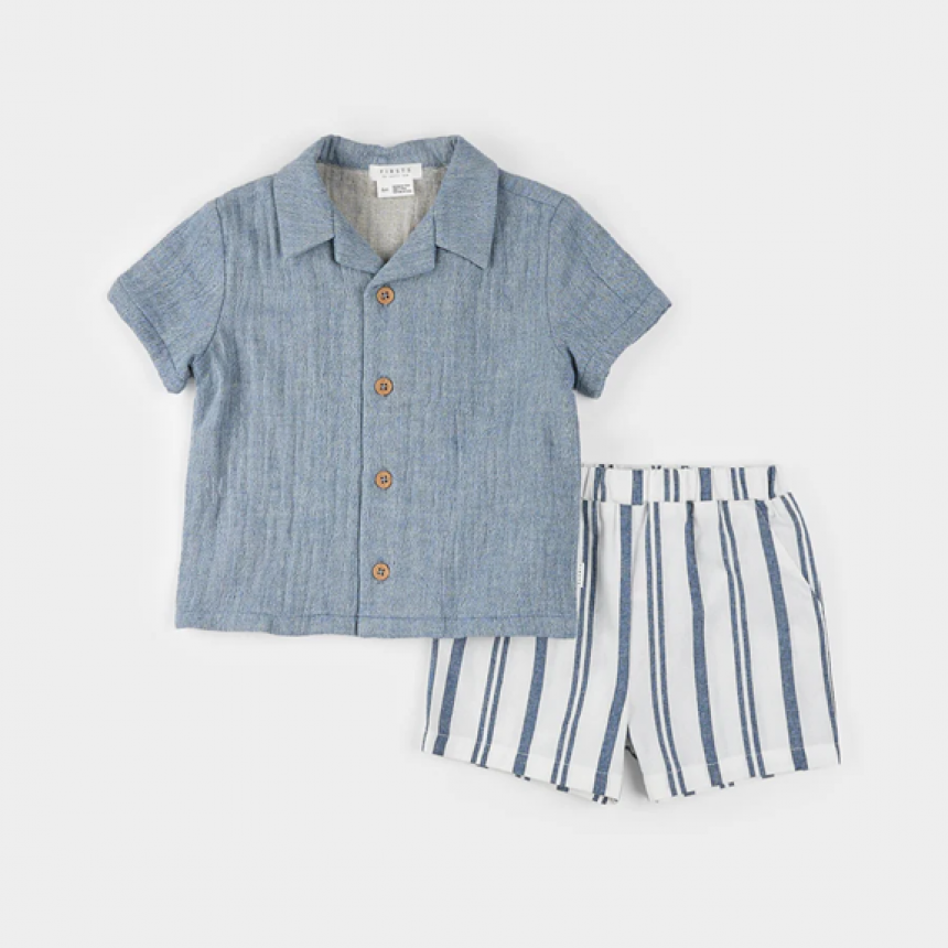 Petit Lem - Ensemble chemise et short en chambray - Bleu