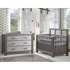 Natart - Rustico Moderno - Lit de Bébé Convertible, Bureau Double & Chiffonnier 5 Tiroirs – Grigio/White Bark