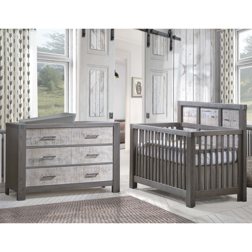 Natart - Rustico Moderno - Lit de Bébé Convertible, Bureau Double & Table de Nuit– Grigio/White Bark